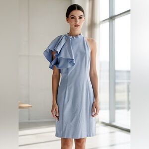 NWT Love Ady One Shoulder Ruffle Sheath Dress Blue Large Cocktail